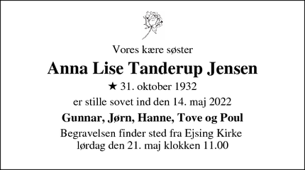 Dødsannoncen for Anna Lise Tanderup Jensen - SPØTTRUP