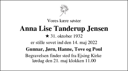 Dødsannoncen for Anna Lise Tanderup Jensen - SPØTTRUP