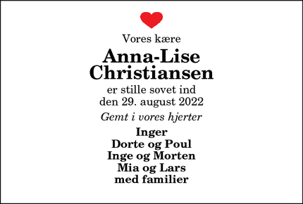 Dødsannoncen for Anna-Lise
Christiansen - Hjørring