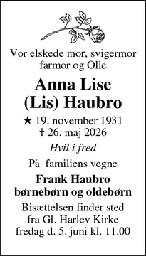 Dødsannoncen for Anna Lise
(Lis) Haubro - St. sjørup - Ørsted