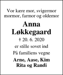 Dødsannoncen for Anna Løkkegaard  - Egtved 