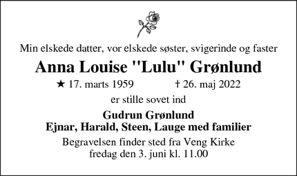 Dødsannoncen for Anna Louise "Lulu" Grønlund - Allingåbro