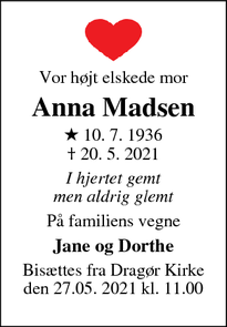 Dødsannoncen for Anna Madsen - Dragør