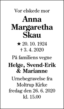 Dødsannoncen for Anna Margaretha
Skau - AABENRAA