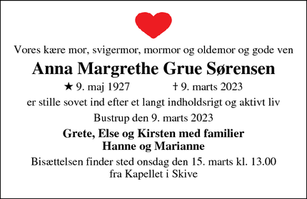 Dødsannoncen for Anna Margrethe Grue Sørensen - Herning