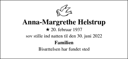 Dødsannoncen for Anna-Margrethe Helstrup - Vanløse