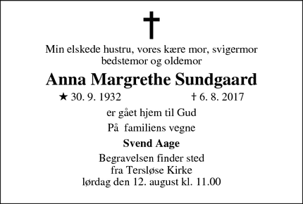 Dødsannoncen for Anna Margrethe Sundgaard - Dianalund