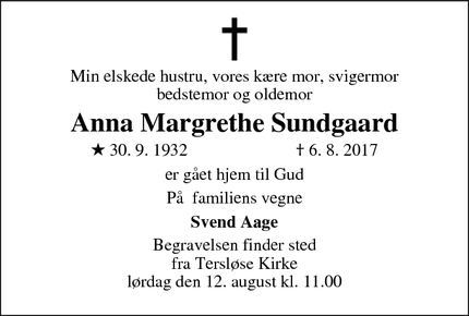 Dødsannoncen for Anna Margrethe Sundgaard - Dianalund
