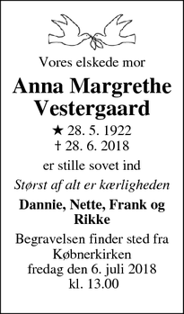 Dødsannoncen for Anna Margrethe Vestergaard - København