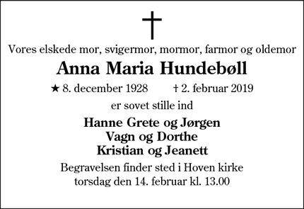 Dødsannoncen for Anna Maria Hundebøll - Ølgod