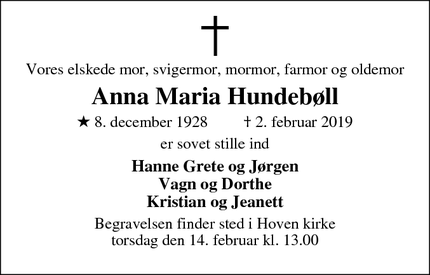 Dødsannoncen for Anna Maria Hundebøll - Ølgod