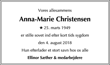 Dødsannoncen for Anna-Marie Christensen - Ingen