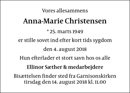 Dødsannoncen for Anna-Marie Christensen - Ingen