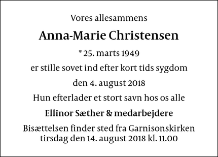 Dødsannoncen for Anna-Marie Christensen - Ingen