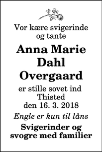 Dødsannoncen for Anna Marie Dahl Overgaard - Thisted