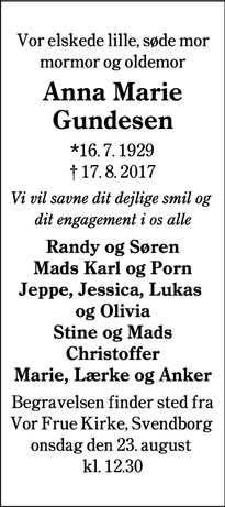 Dødsannoncen for Anna Marie Gundesen - Svendborg