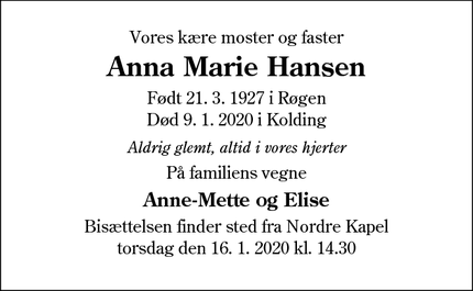 Dødsannoncen for Anna Marie Hansen - Kolding