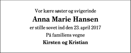 Dødsannoncen for Anna Marie Hansen - Hostrup