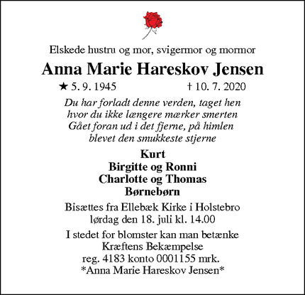 Dødsannoncen for Anna Marie Hareskov Jensen - Holstebro
