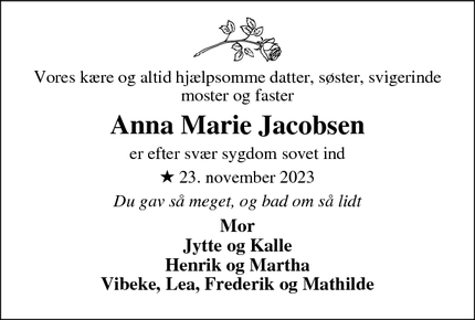 Dødsannoncen for Anna Marie Jacobsen - Hvide Sande