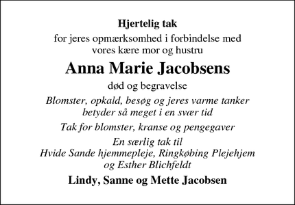 Taksigelsen for Anna Marie Jacobsen - Hvide Sande