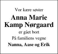 Dødsannoncen for Anna Marie Kamp Nørgaard - Skive