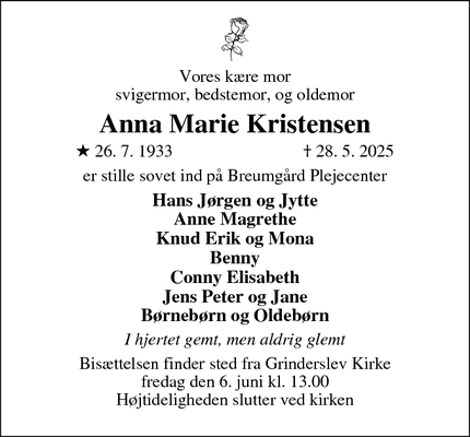 Dødsannoncen for Anna Marie Kristensen - Breum