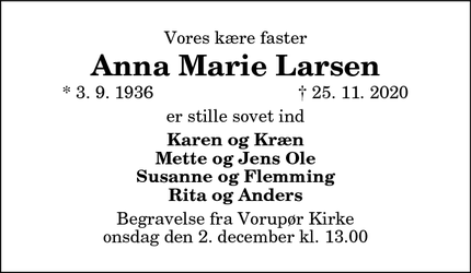 Dødsannoncen for Anna Marie Larsen - Vorupør