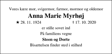 Dødsannoncen for Anna Marie Myrhøj - Horsens