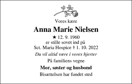 Dødsannoncen for Anna Marie Nielsen - Vejle Øst
