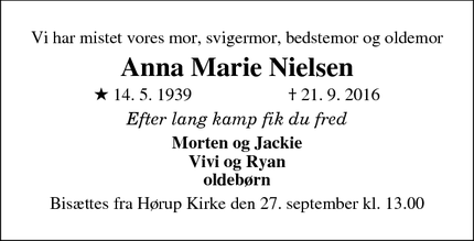 Dødsannoncen for Anna Marie Nielsen - 8620 Kjellerup