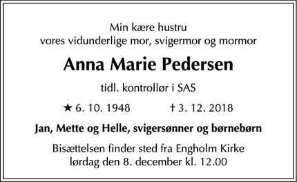 Dødsannoncen for Anna Marie Pedersen - Lillerød