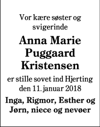 Dødsannoncen for Anna Marie Puggaard Kristensen - Hjerting