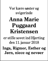 Dødsannoncen for Anna Marie Puggaard Kristensen - Hjerting