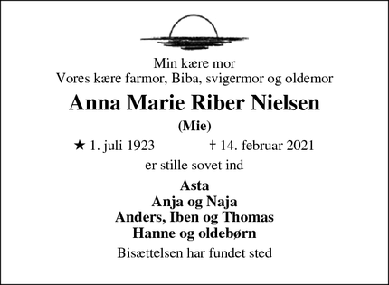 Dødsannoncen for Anna Marie Riber Nielsen - 6840 Oksbøl 