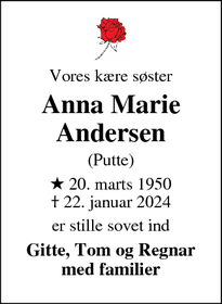 Dødsannoncen for Anna Marie
Andersen - Ringkøbing