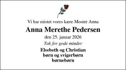 Dødsannoncen for Anna Merethe Pedersen - Videbæk