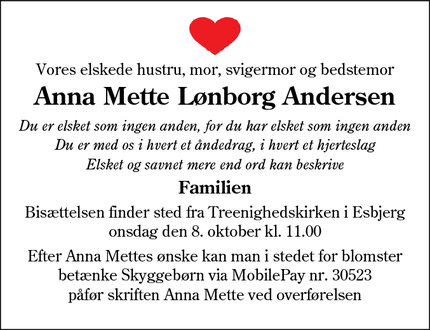 Dødsannoncen for Anna Mette Lønborg Andersen - Esbjerg