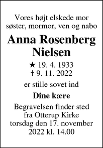 Dødsannoncen for Anna Rosenberg
Nielsen - Otterup