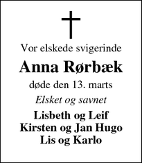 Dødsannoncen for Anna Rørbæk - Nykøbing Mors