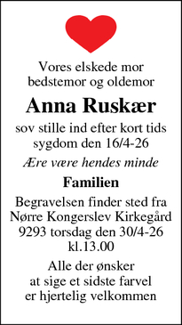 Dødsannoncen for Anna Rusk&aelig;r - Kongerslev