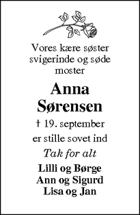 Dødsannoncen for Anna Sørensen - Viborg