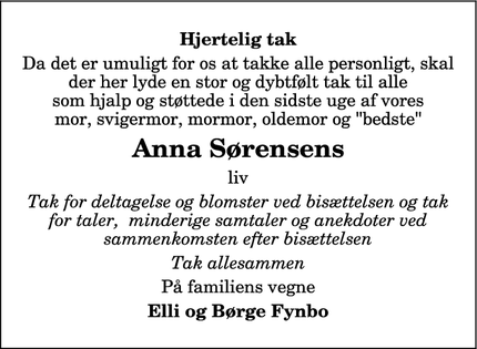 Taksigelsen for Anna Sørensens - Terndrup