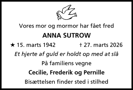 Dødsannoncen for Anna Sutrow - Hvidovre 