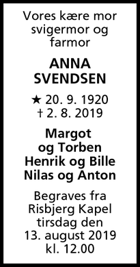 Dødsannoncen for Anna Svendsen - Hvidovre