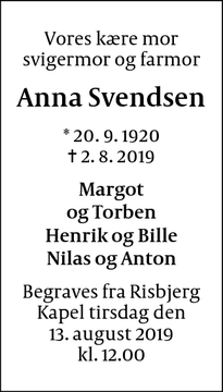 Dødsannoncen for Anna Svendsen - Hvidovre