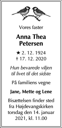 Dødsannoncen for Anna Thea Petersen - København K