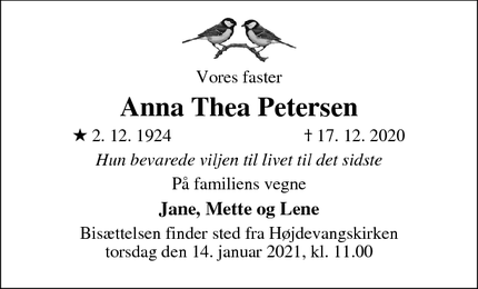 Dødsannoncen for Anna Thea Petersen - København K