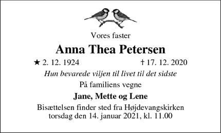 Dødsannoncen for Anna Thea Petersen - København K