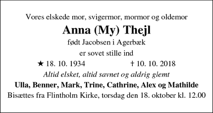 Dødsannoncen for Anna (My) Thejl - Frederiksberg